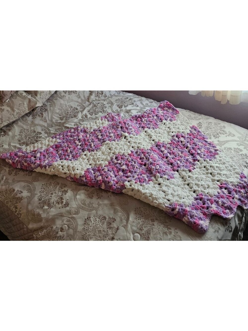 New Hand Crocheted Pink & Purple Lap Throw/Baby Blanket - Soft Chenille 36"x40"